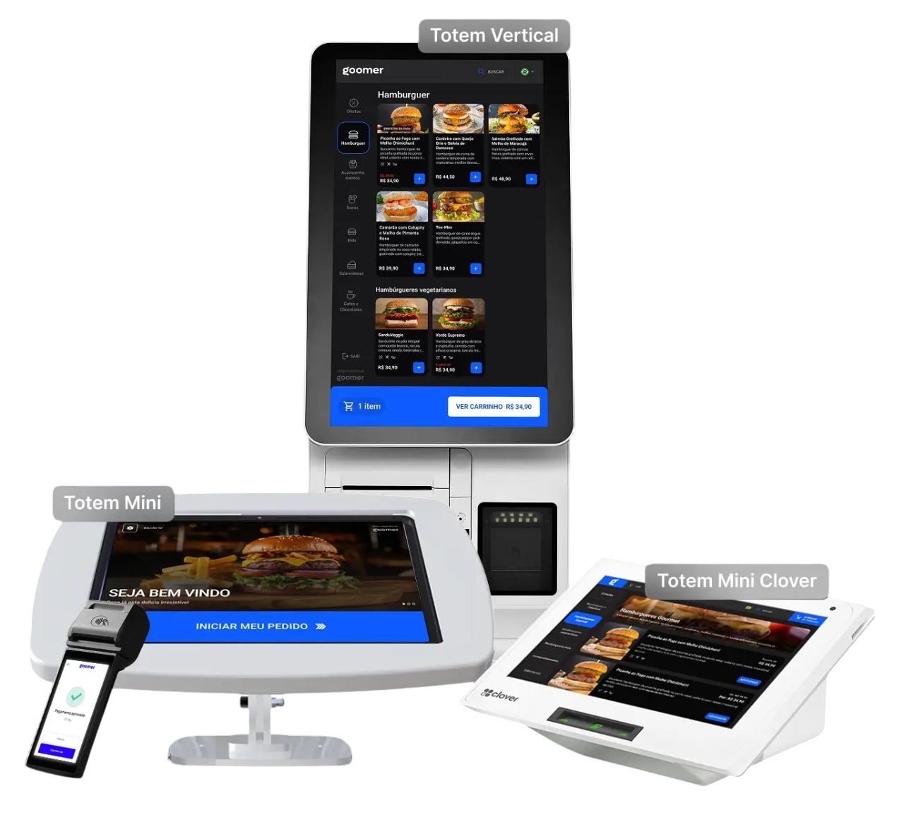 Conjunto de equipamentos de ponto de venda digital para restaurante, incluindo totens interativos, tablets, e dispositivos de pagamento eletrônico.