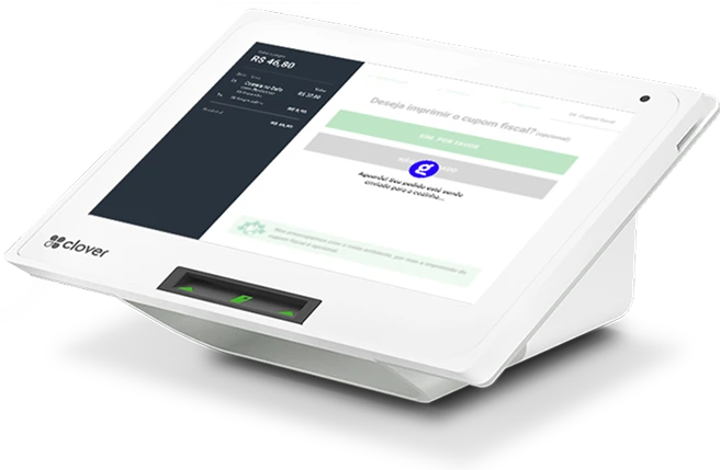 Totem Clover + Goomer de autoatendimento, apresentando um design simples e moderno.