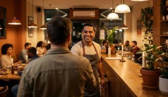 De costas, um homem de jaqueta aperta a mão de um funcionário sorridente de avental atrás do balcão de madeira. O fundo mostra um restaurante aconchegante e iluminado, com clientes jantando em mesas. Potes com plantas e velas decoram o ambiente do bar.