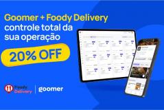 Imagem promocional do Goomer + Foody Delivery destacando a gestão de operação com desconto de 20%, incluindo tablet e smartphone exibindo o sistema de gerenciamento de delivery.