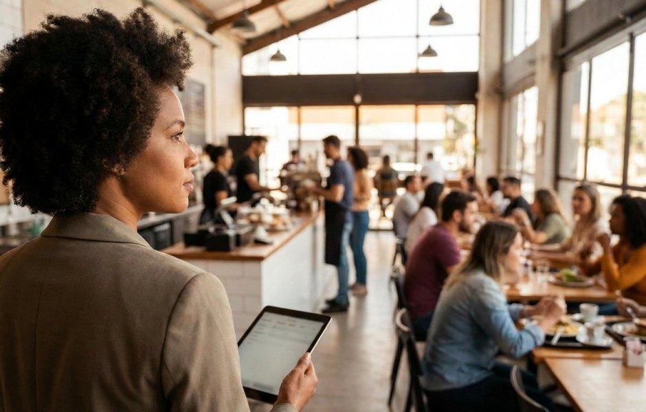 Gerente com cabelo black power segura um tablet e observa com atenção o movimento de um restaurante amplo e iluminado. Ao fundo, clientes ocupam as mesas enquanto a equipe atende no balcão em um ambiente dinâmico e acolhedor.