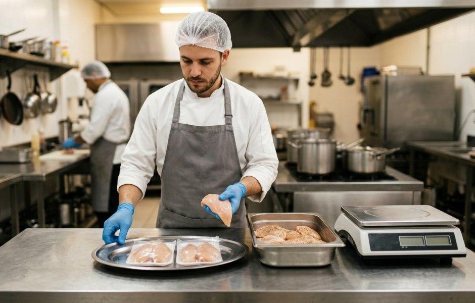 Cozinheiro em uma cozinha industrial segura um filé de frango cru usando luvas azuis, próximo a uma balança e recipientes com peças de frango embaladas.