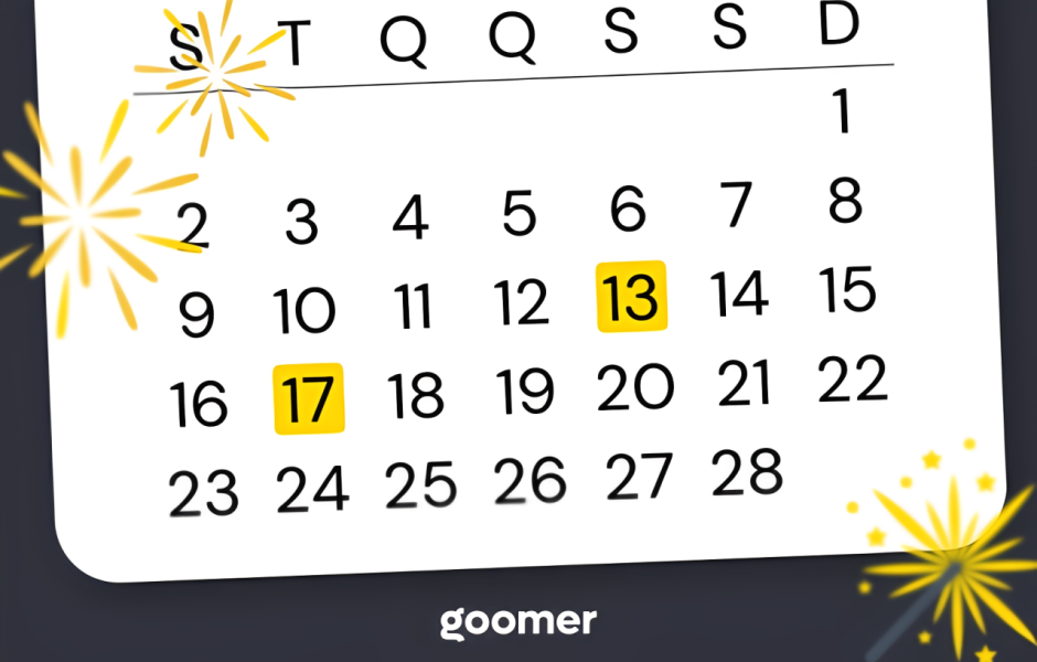 Ilustração de um calendário mensal com os dias 13 e 17 destacados em amarelo e desenhos de fogos de artifício nas bordas.