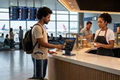 Cliente com mochila e mala de rodinhas usa um tablet de autoatendimento no balcão de uma lanchonete de aeroporto. Uma atendente de avental escuro segura uma embalagem de comida ao lado dele, enquanto aviões e painéis de voo aparecem ao fundo através das janelas.