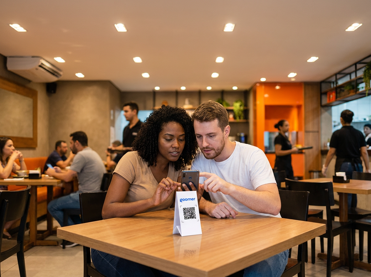 Um casal sentado à mesa de um restaurante moderno olha atento para a tela de um smartphone. Sobre a mesa de madeira, há um display vertical branco com a marca 
