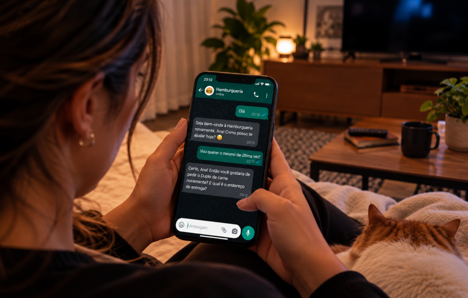Atendente virtual no WhatsApp para restaurante, com cliente fazendo pedido pelo celular e recebendo atendimento personalizado.