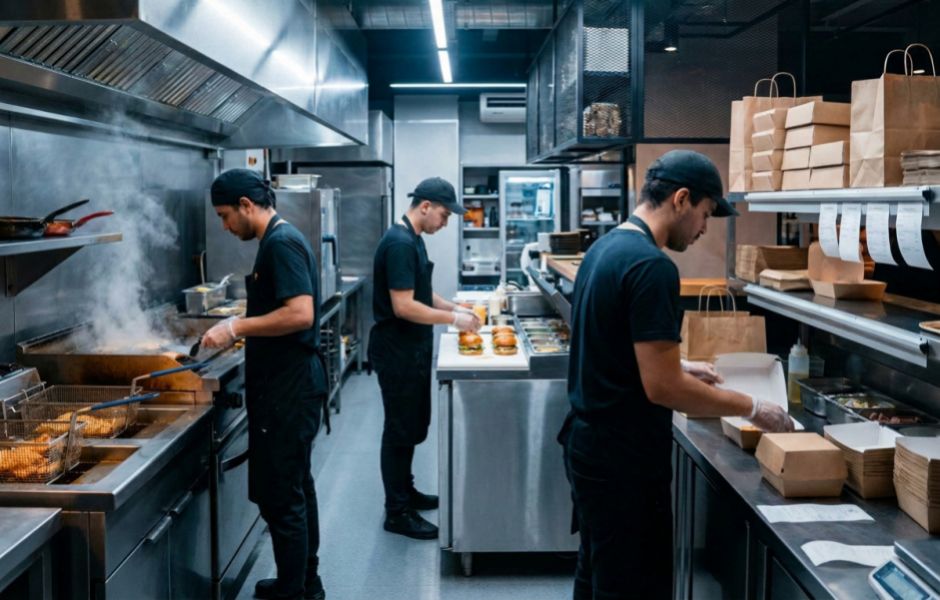 Cozinha profissional moderna de uma hamburgueria com funcionários de uniforme preto preparando hambúrgueres e embalando pedidos para delivery.