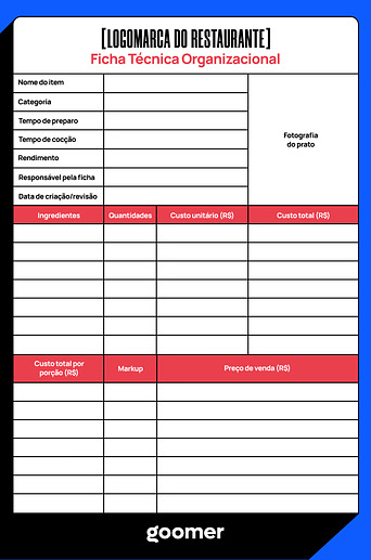 Ficha técnica organizacional para restaurantes, com campos para nome do item, categoria, tempos, ingredientes e custo.
