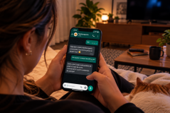 Atendente virtual no WhatsApp para restaurante, com cliente fazendo pedido pelo celular e recebendo atendimento personalizado.