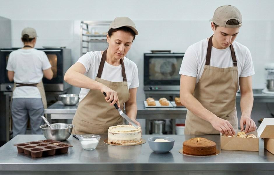 Três confeiteiros de camiseta branca, avental bege e boné trabalham em uma cozinha industrial. No primeiro plano, uma mulher espalha recheio em um bolo com espátula enquanto um rapaz embala doces em uma caixa de papelão. Ao fundo, uma terceira pessoa trabalha de costas perto de fornos e prateleiras de inox.