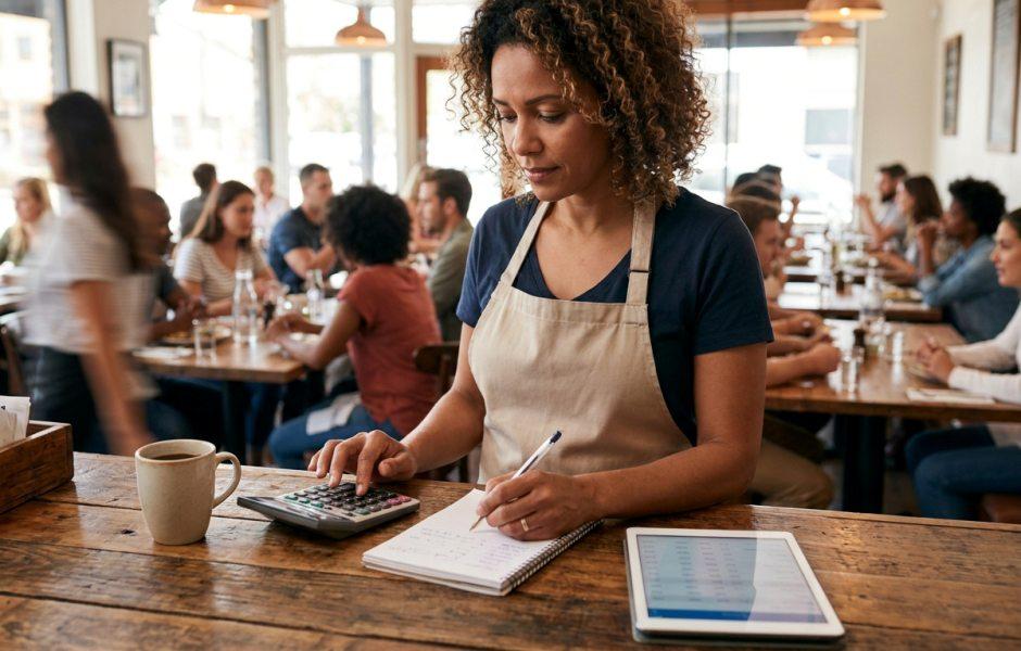 Mulher de cabelo cacheado, vestindo camiseta azul e avental bege, está concentrada trabalhando no balcão de madeira de um restaurante movimentado. Ela usa uma calculadora enquanto faz anotações em um caderno, tendo ao seu lado um tablet e uma xícara de café, enquanto diversos clientes ocupam as mesas ao fundo.
