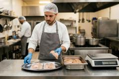 Cozinheiro em uma cozinha industrial segura um filé de frango cru usando luvas azuis, próximo a uma balança e recipientes com peças de frango embaladas.
