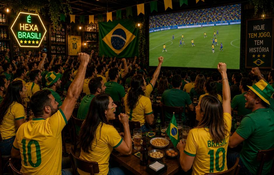 Interior de um restaurante ou bar decorado para a Copa do Mundo, cheio de clientes com camisas do Brasil comemorando e assistindo ao jogo de futebol em um grande telão.