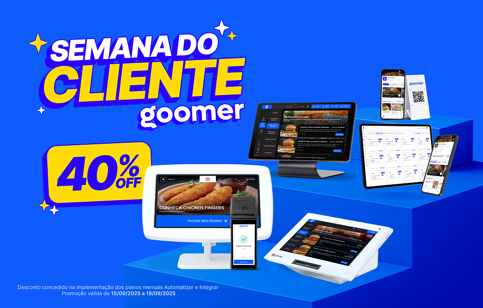 Material de marketing da Semana do Cliente da Goomer mostrando diversas telas e dispositivos digitais com promoção de 40% de desconto, ideal para negócios de food service.
