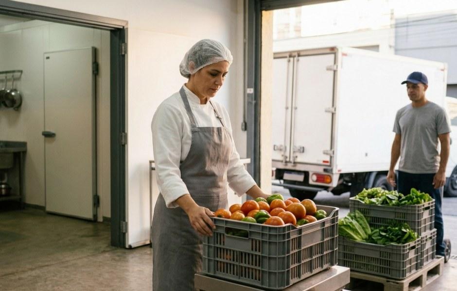 Mulher com avental e touca segura uma caixa plástica com tomates e pimentões em um entreposto ou cozinha comercial, com um homem e um caminhão de entregas ao fundo.