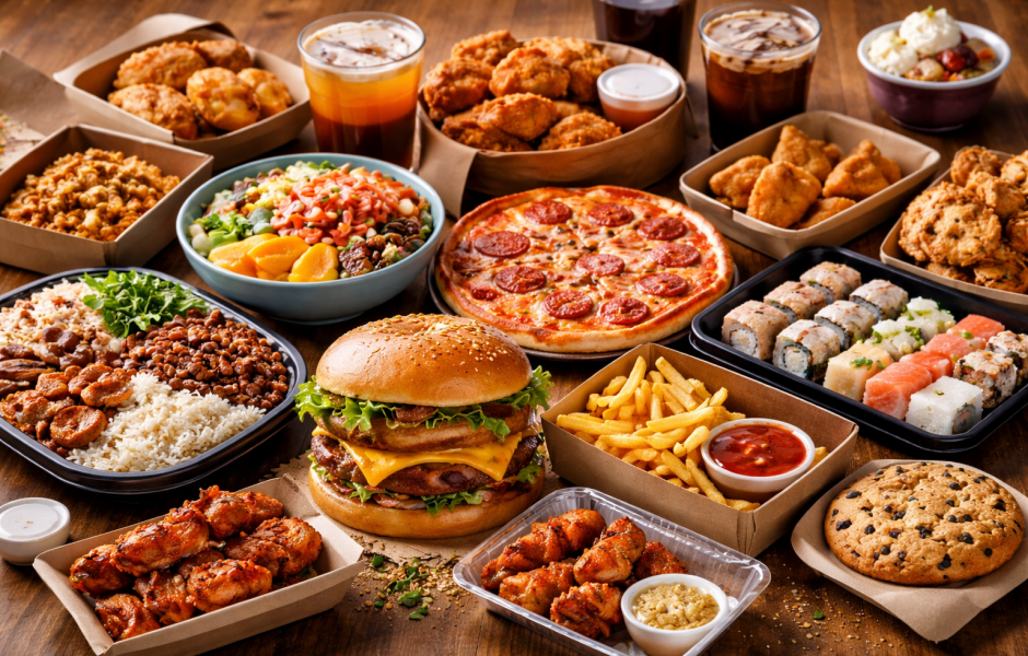 Variedade de pratos de fast food e delivery, incluindo hambúrguer, pizza, sushi, batata frita e frango frito organizados sobre uma mesa.