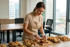 Mulher de avental e luvas organiza cuidadosamente folhados e salgados em travessas sobre uma mesa. Ela demonstra concentração ao alinhar a comida para a preparação de um serviço de catering ou buffet. Ao fundo, avista-se a sala de reuniões de um escritório iluminado com grandes janelas de vidro.