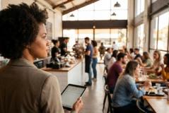 Gerente com cabelo black power segura um tablet e observa com atenção o movimento de um restaurante amplo e iluminado. Ao fundo, clientes ocupam as mesas enquanto a equipe atende no balcão em um ambiente dinâmico e acolhedor.
