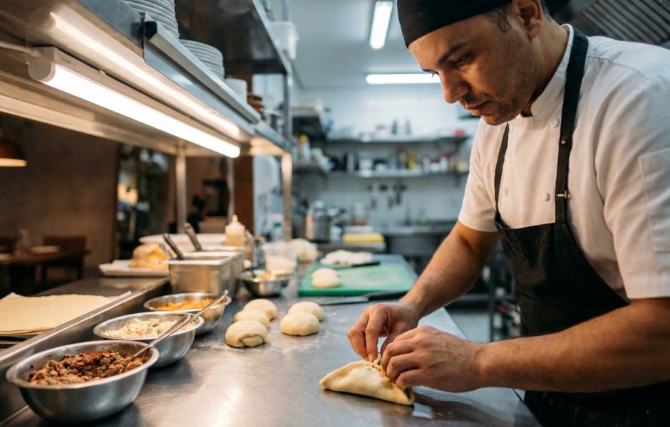 Um cozinheiro de avental e bandana preta trabalha concentrado na bancada de inox de uma cozinha profissional, moldando manualmente uma massa recheada (estilo esfiha ou pastel), cercado por bowls com ingredientes e porções de massa prontas.