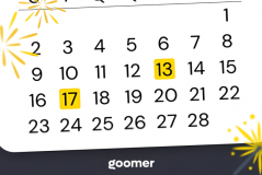 Ilustração de um calendário mensal com os dias 13 e 17 destacados em amarelo e desenhos de fogos de artifício nas bordas.