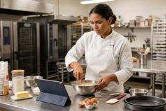 Chef de cozinha de dólmã e avental brancos mistura ingredientes em uma tigela de inox com expressão concentrada e duvidosa. Na bancada industrial de aço, há um tablet apoiado mostrando orientações, além de ingredientes como ovos, manteiga, farinha, potes de mantimento, batedor de arame e uma assadeira. Ao fundo, vê-se a cozinha profissional equipada com fornos e prateleiras.