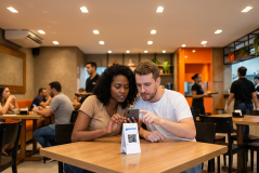 Um casal sentado à mesa de um restaurante moderno olha atento para a tela de um smartphone. Sobre a mesa de madeira, há um display vertical branco com a marca 