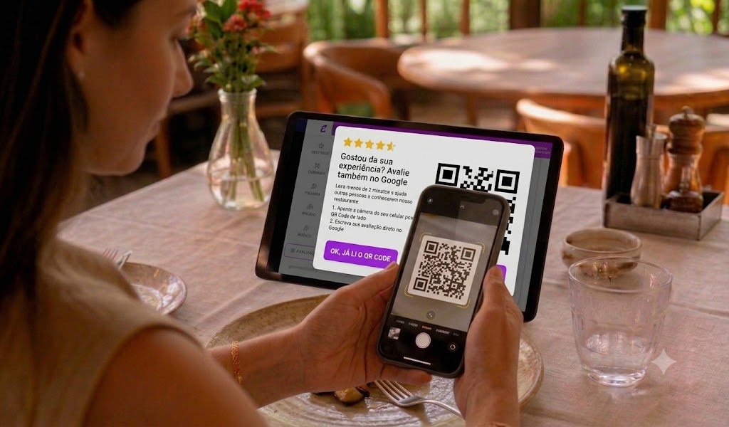 Uma cliente sentada à mesa de um restaurante usa o celular para escanear um QR Code exibido em um tablet. A tela do tablet mostra uma mensagem incentivando a avaliação da experiência do estabelecimento no Google.
