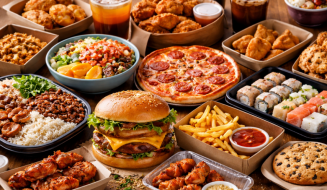 Variedade de pratos de fast food e delivery, incluindo hambúrguer, pizza, sushi, batata frita e frango frito organizados sobre uma mesa.