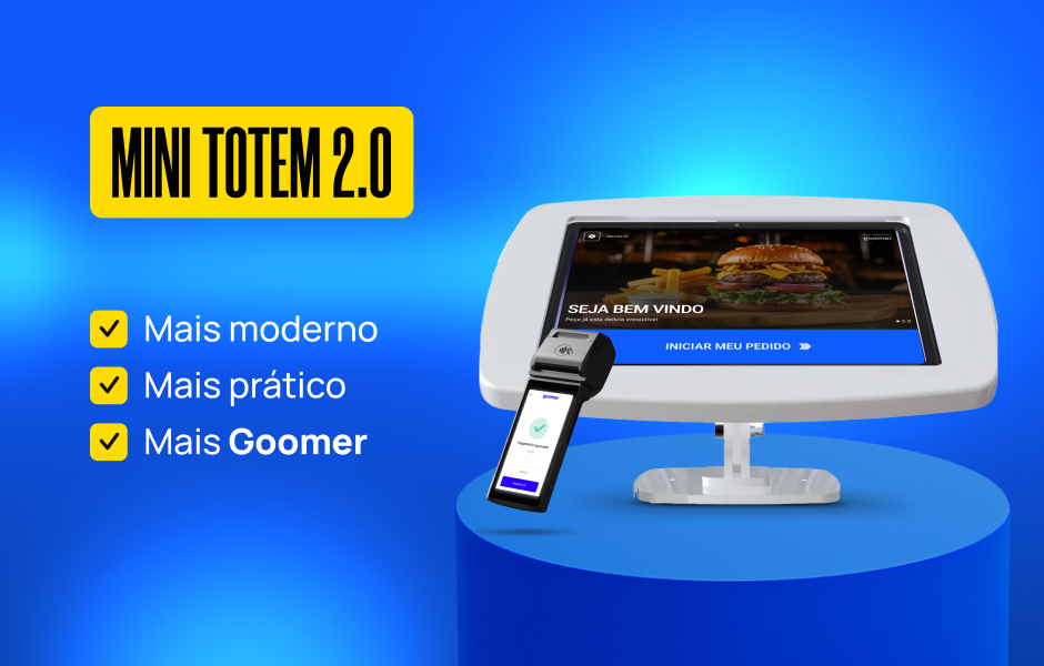 Imagem de um mini totem 2.0 moderno e prático, com tela touchscreen exibindo uma mensagem de boas-vindas, ideal para estabelecimentos comerciais que desejam uma solução tecnológica eficiente para atendimento ao cliente.