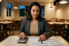 Profissional de cabelo escuro, blazer cinza e blusa bege opera calculadora e analisa folhas com tabelas usando caneta. Sobre a mesa clara encontram-se documentos financeiros, enquanto ao fundo observa-se salão de restaurante com mesas organizadas e iluminação suspensa.