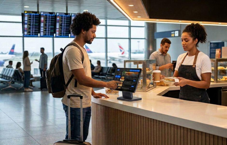 Cliente com mochila e mala de rodinhas usa um tablet de autoatendimento no balcão de uma lanchonete de aeroporto. Uma atendente de avental escuro segura uma embalagem de comida ao lado dele, enquanto aviões e painéis de voo aparecem ao fundo através das janelas.