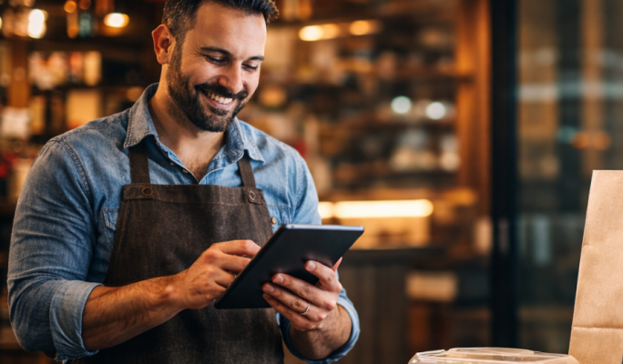 Empreendedor de delivery usando tablet para gerenciar pedidos e atualizar o cardápio, com embalagem de comida pronta para entrega ao lado.