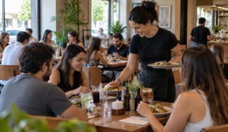 Salão movimentado de franquias de alimentação, com clientes nas mesas e equipe entregando os pedidos