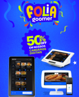 Propaganda da Goomer para o Carnaval. Texto central: 50% OFF em nossos cardápios digitais. Mostra diferentes modelos de terminais de pedidos e tablets com fotos de hambúrgueres e petiscos.