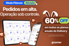 Banner promocional da Goomer com tema de Páscoa, oferecendo 60% de desconto em planos anuais de Delivery.