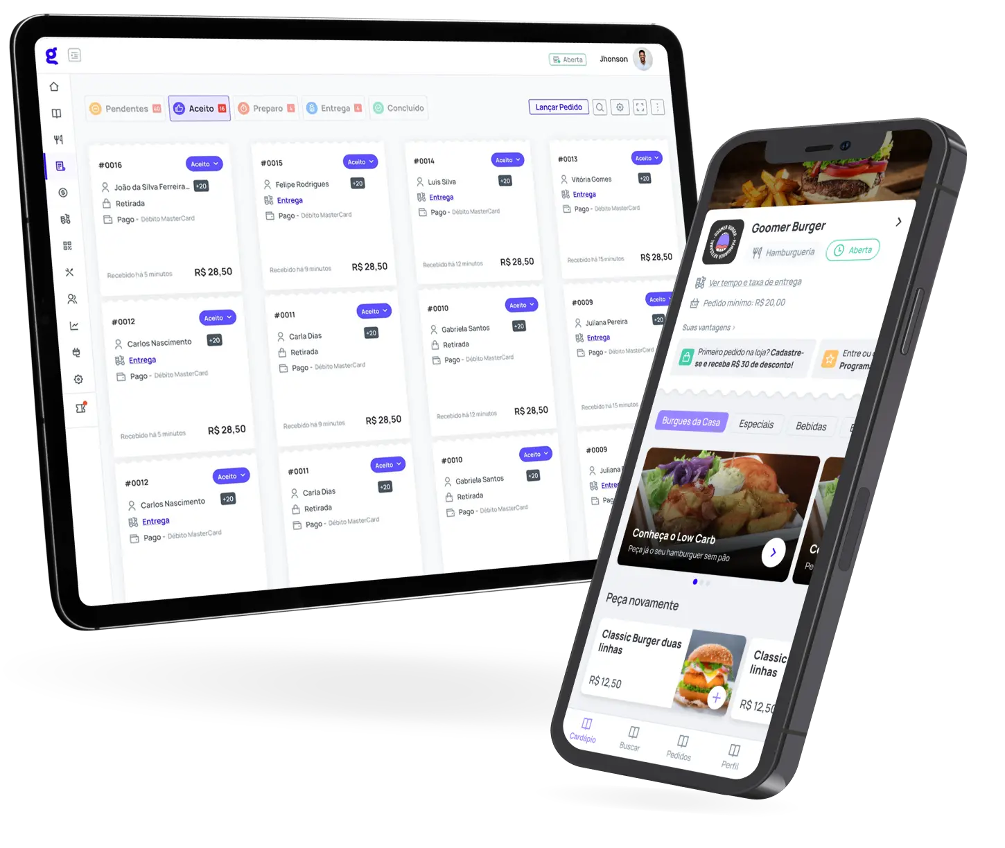 Imagem de uma tela de um sistema de gerenciamento de pedidos e um smartphone exibindo um aplicativo de delivery de lanches e refeições, com destaque para opções de pratos e funcionalidades da plataforma.