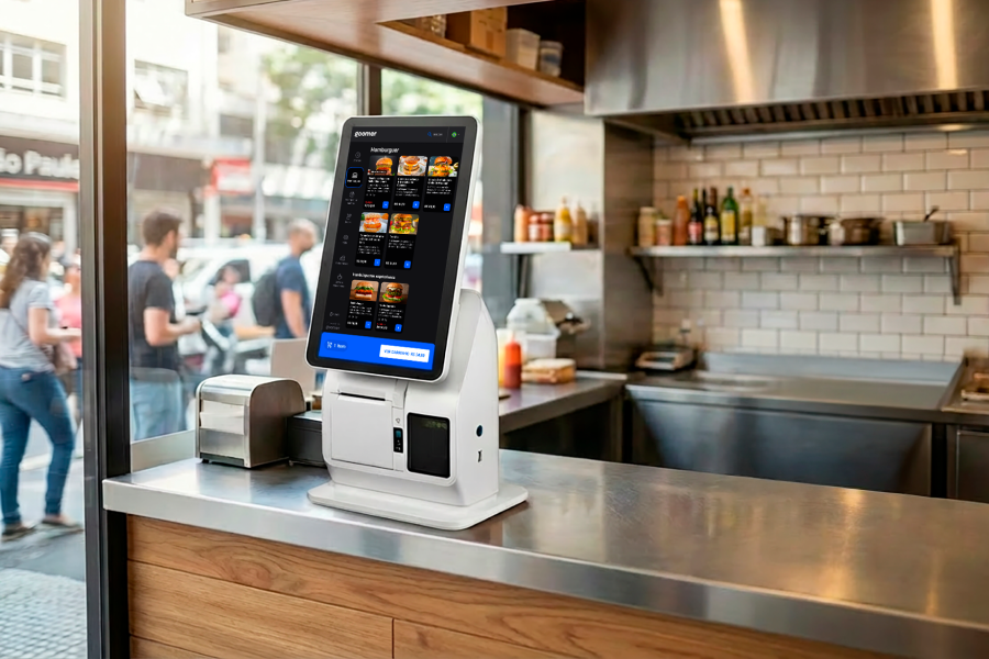 Terminal de autoatendimento digital Goomer exibindo cardápio de hambúrgueres em um balcão de restaurante.