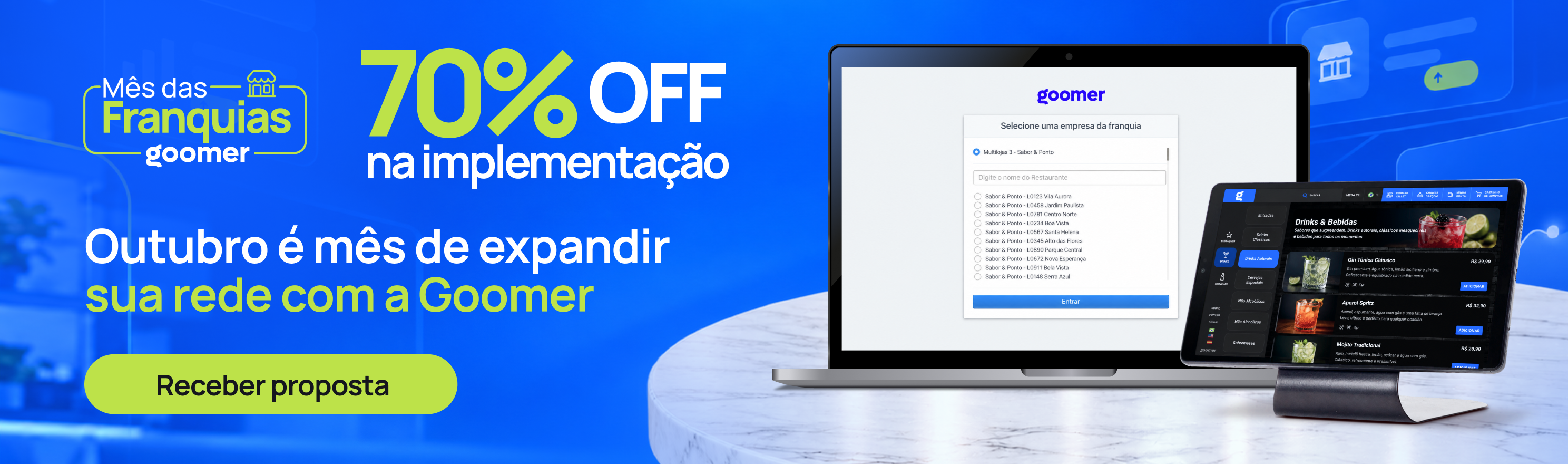 Banner promocional Goomer com texto "70% OFF na implementação", botão "Receber proposta" e ecrãs com sistema de gestão e menu digital sobre mesa de mármore.
