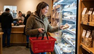 Mulher sorridente vestindo casaco marrom e segurando uma cesta vermelha pega uma torta em um expositor refrigerado. À sua direita, prateleiras de madeira expõem diversos produtos em embalagens de papel. Ao fundo, outros clientes e funcionários movimentam-se próximo ao balcão da loja.