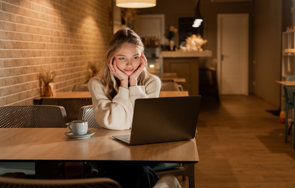 Jovem mulher feliz usando laptop em café aconchegante, focada na tela do computador portátil em um ambiente confortável com iluminação quente.