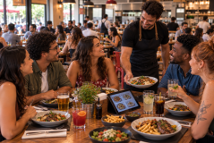 Atendente de avental serve prato para grupo de cinco pessoas sorridentes em mesa fartamente servida de restaurante movimentado. Sobre a madeira, veem-se pratos, porções, bebidas, tablet com cardápio e vasos decorativos.