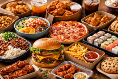 Variedade de pratos de fast food e delivery, incluindo hambúrguer, pizza, sushi, batata frita e frango frito organizados sobre uma mesa.