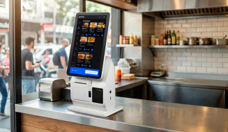 Terminal de autoatendimento digital Goomer exibindo cardápio de hambúrgueres em um balcão de restaurante.