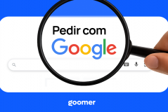 Imagem mostrando a frase 'Order with Google' sendo ampliada por uma lupa, em fundo azul, promovendo a facilidade de fazer pedidos através do Google.