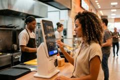 Mulher de cabelo cacheado realiza um pedido tocando na tela de um totem vertical de autoatendimento em um restaurante. Ao fundo, no balcão da cozinha aberta, um cozinheiro de avental prepara refeições.