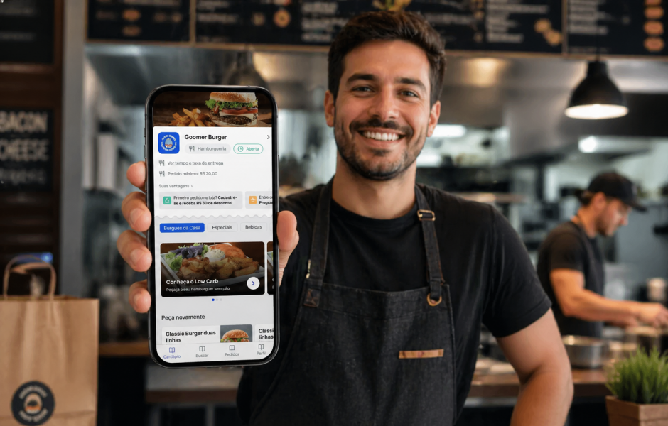Homem sorridente de avental segurando um celular em destaque, exibindo o cardápio digital de uma hamburgueria.