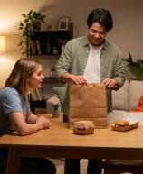 Um casal em uma sala de estar aconchegante desembala um pedido de delivery de uma sacola de papel kraft sobre a mesa de madeira, revelando hambúrgueres prontos para consumo.