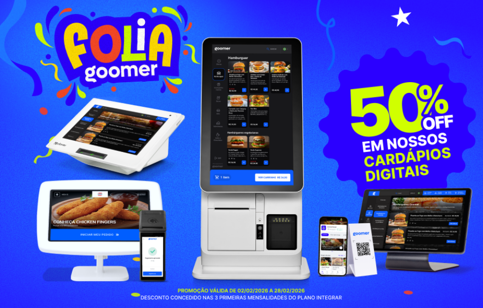 Propaganda da Goomer para o Carnaval. Texto central: 50% OFF em nossos cardápios digitais. Mostra diferentes modelos de terminais de pedidos e tablets com fotos de hambúrgueres e petiscos.