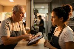 Homem sênior de avental aponta para a tela de um tablet enquanto orienta uma jovem funcionária negra de cabelos cacheados presos em um coque. Ambos estão no balcão de atendimento que divide o salão do restaurante da área da cozinha.