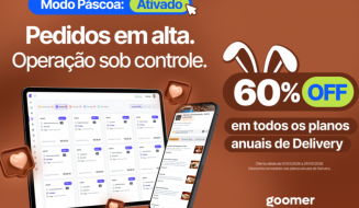 Banner promocional da Goomer com tema de Páscoa, oferecendo 60% de desconto em planos anuais de Delivery.